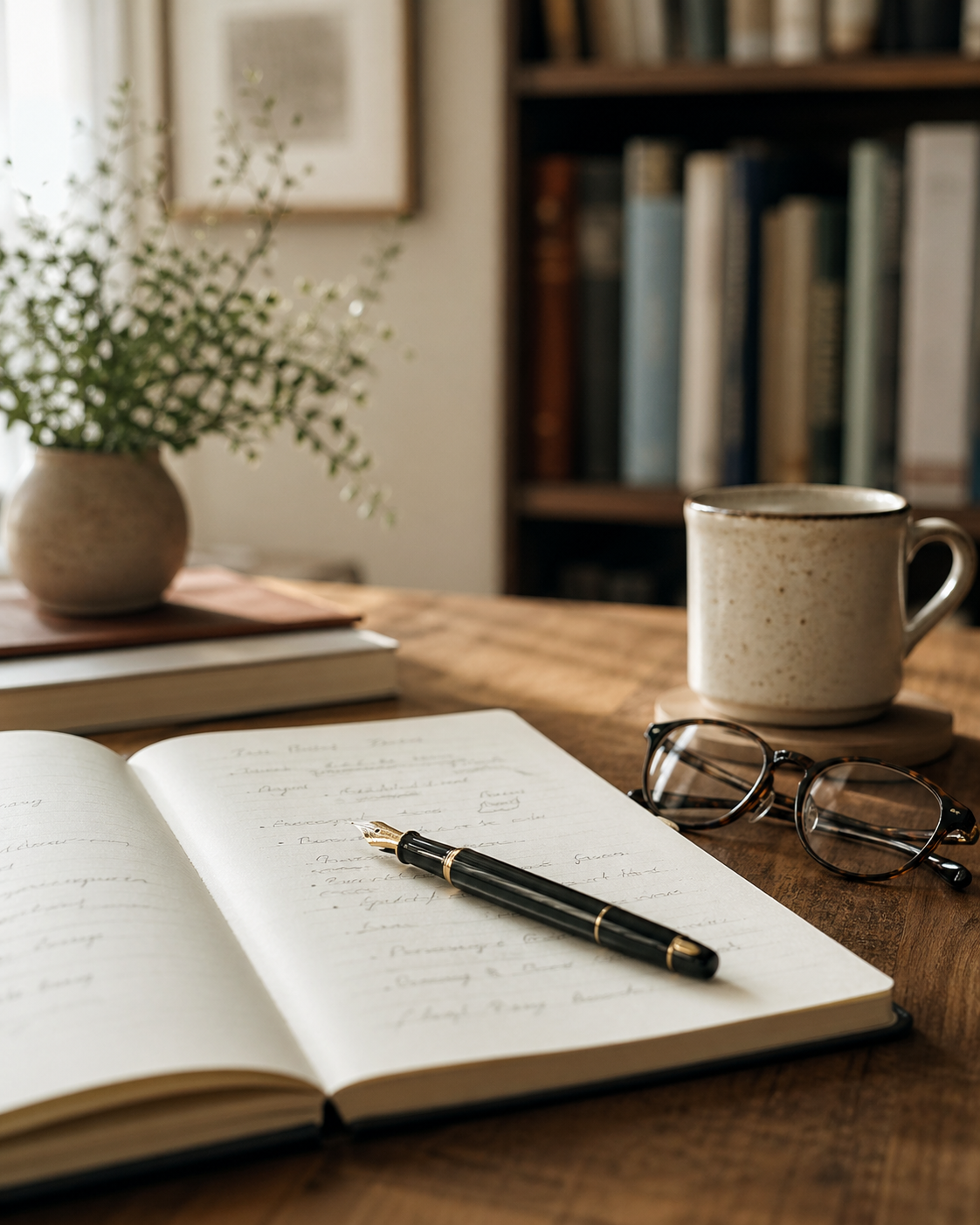 Open notebook with fountain pen, glasses, and a ceramic mug on a wooden desk