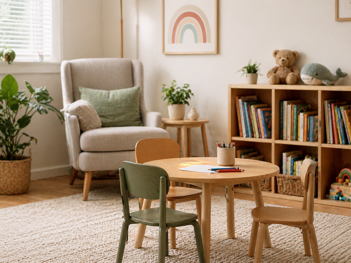 Bright play space with child-size table, books, and soft furnishings
