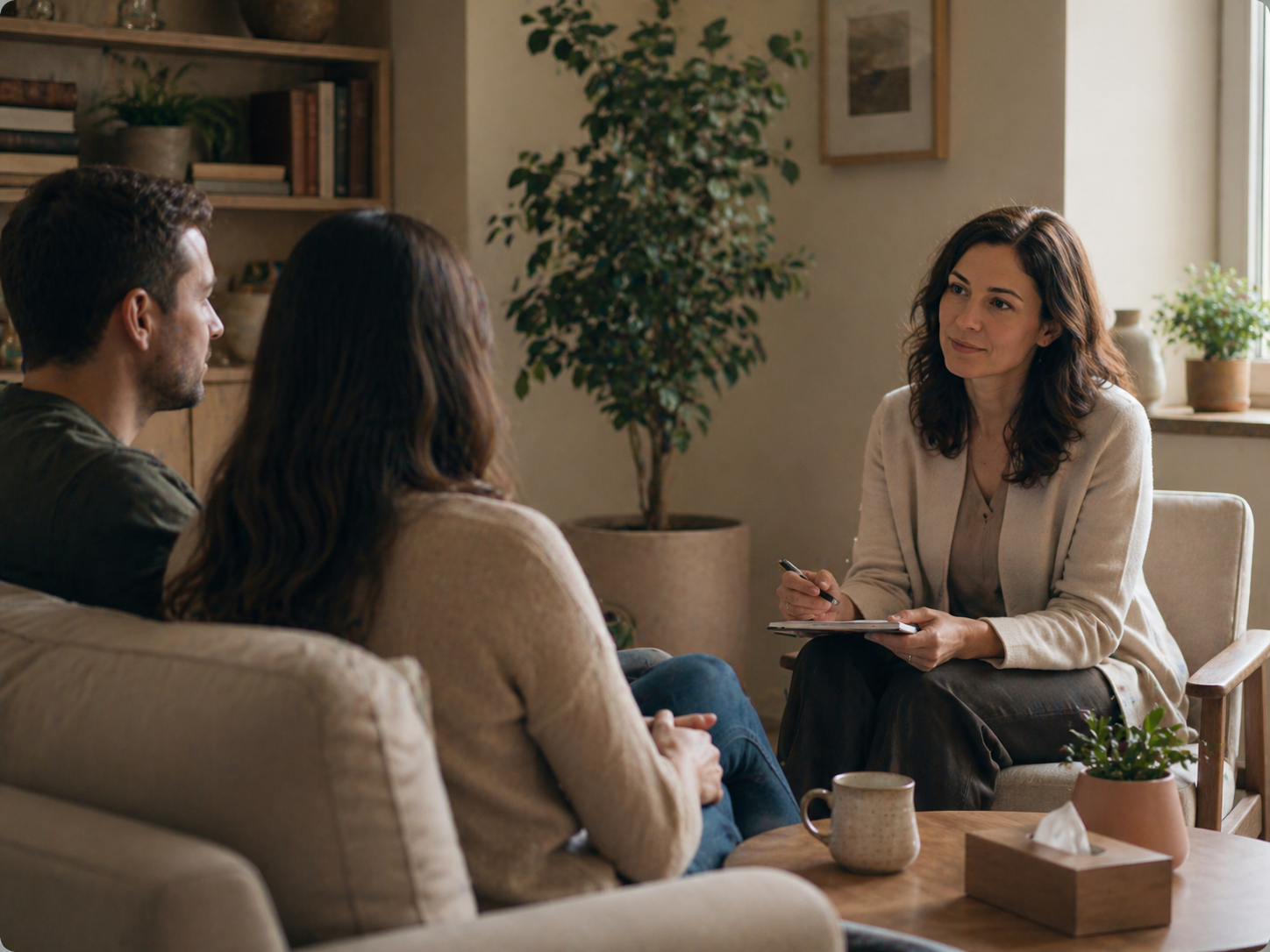 Couple sitting on a sofa with a therapist taking notes, warm consulting room