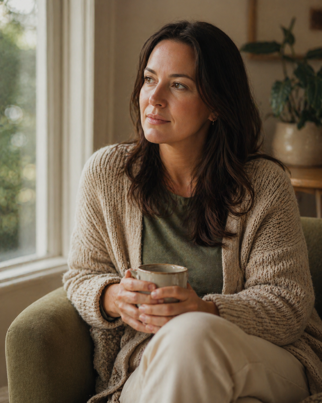 Woman holding a ceramic mug in soft natural window light