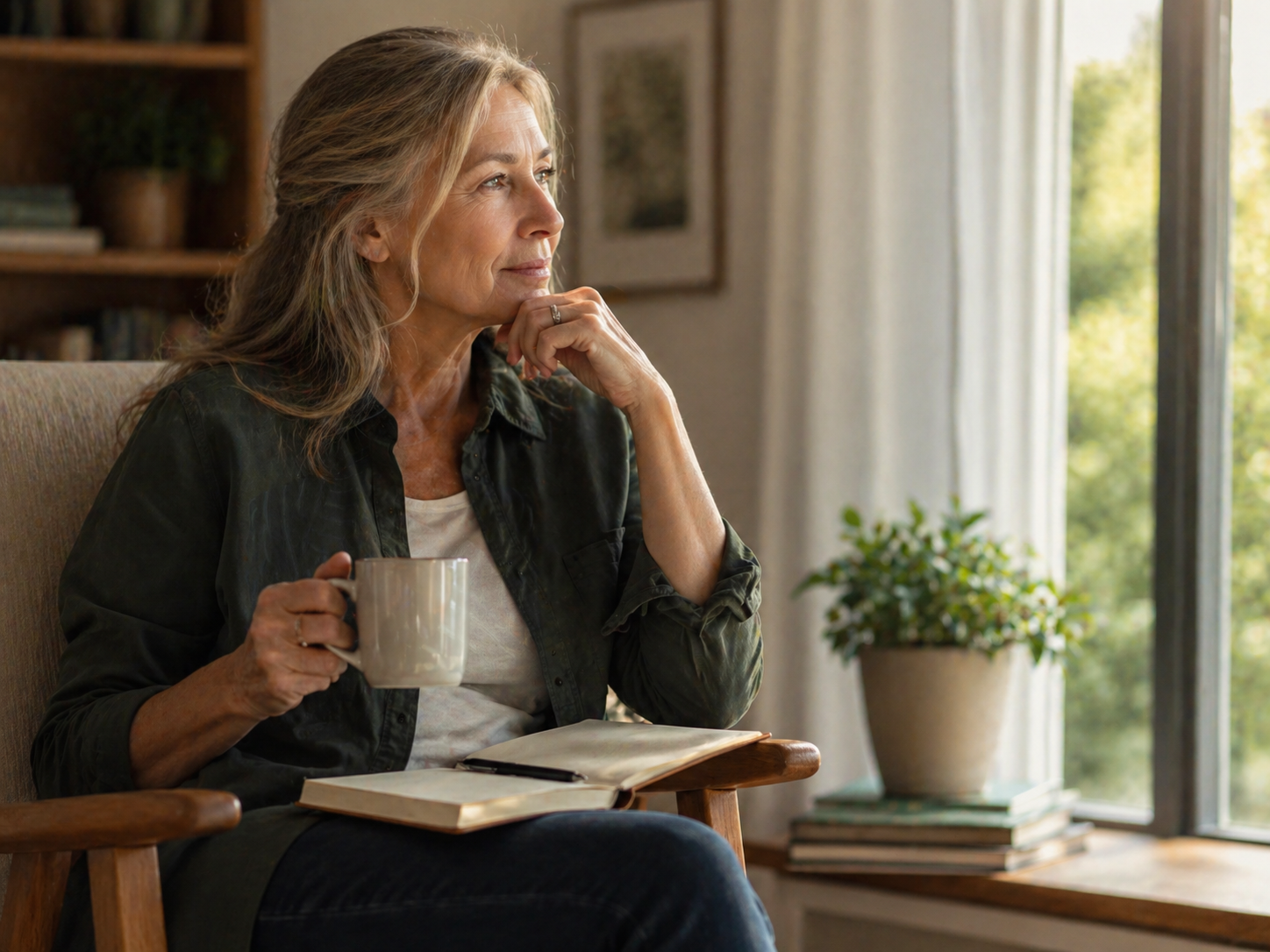 Woman with a mug and journal looking out a sunlit window
